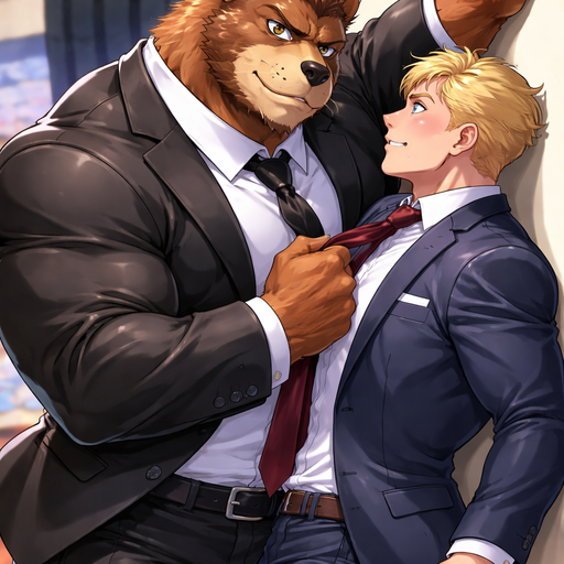 A Full BODY and FACE of a Muscular and Buff and a Gigantically Muscular with Chunky Gigantic Pecs AND biceps and a BIGGER head with the Perfect Waist. VERY Masculine and handsome ANIME Bara Furry Grizzly Bear with a VERY Good-looking and Mature Face and brown eyes with a wrestler type body. As a Businessman In a Black Suit and Tie. With his American Crush. Pinning him to the Wall