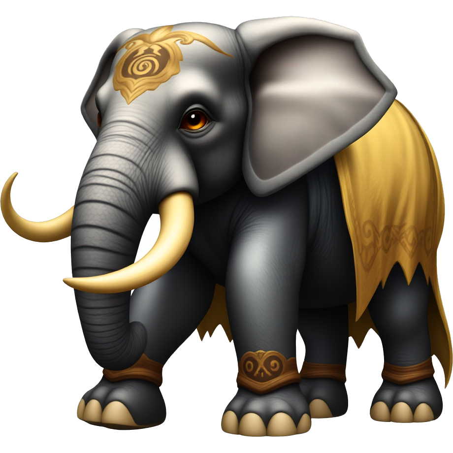 A colossal elephant with shimmering scales, towering tusks adorned with mystical runes, and vibrant, swirling patterns on its skin. It wears a flowing cape made of golden leaves, and its eyes glow with a blend of magic and wisdom, bringing the jungle to life with each thunderous step.