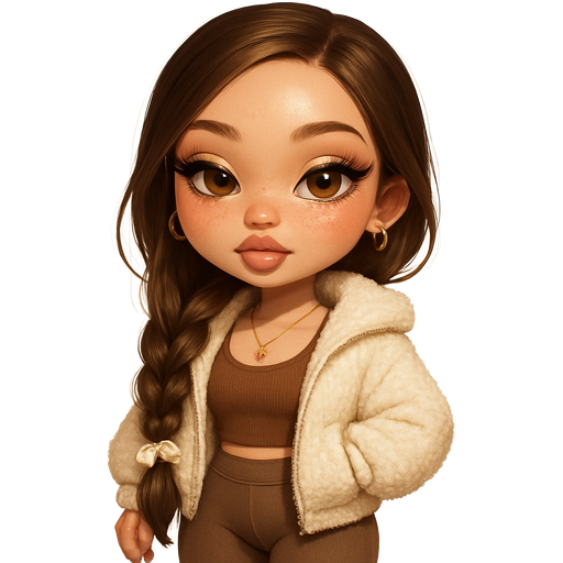 luxury glossy bratz-anime romantic aesthetic, warm cinematic glow, crisp clean detail, glossy glam skin. Petite girl, fair skin with soft freckles, wide face with tall forehead, honey-brown almond wide-set upturned eyes, fluttery lashes, shimmer highlight, plush lips, bottom heavy lip, sweet Belle-princess vibe, long straight brunette hair with visible light blonde highlights, softly defined feminine body, soft hourglass shape with full round bust, Warm cocoa brown ribbed scoop-neck cropped tank layered under an oversized ivory teddy zip-up jacket with plush fur texture, paired with high-waisted taupe leggings hugging the hips. Mini ugg slides with ivory fur trim, thin gold hoop earrings, dainty gold locket, and a cream silk scrunchie at the wrist. Hair in a side fishtail braid draped forward over one shoulder with loose tendrils framing the face, pop-princess energy, shimmer highlight, sparkly glow