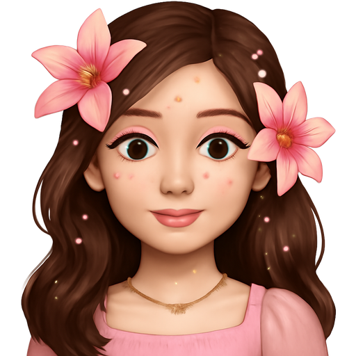 white girl with brown eyes and brown soft hair long dark wavy brown hair, pink lilies in her hair , and wearing pink baby doll also Gold necklace Small and scattered pieces of pearls