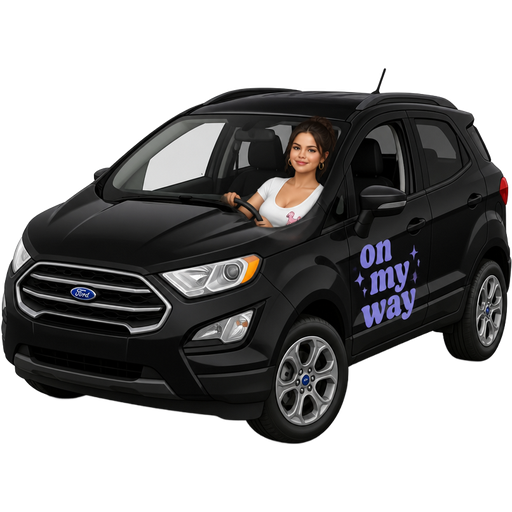 Black 2020 Ford Eco sport with Selena Gomez in the front seat driving and showing off some cute small cleavage in a poodle T-shirt, there is a periwinkle decal on the driver side door that says on my way