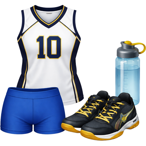 White Volleyball 10 jersey, blue spandex, yellow Stanley cup black volleyball shoes, and a water bottle