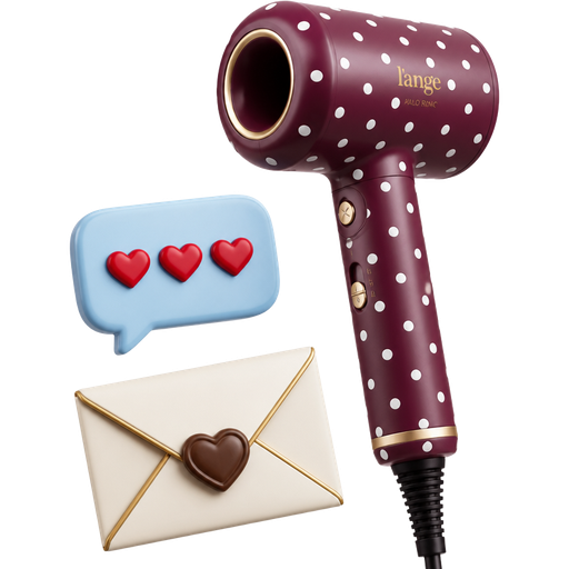 Valentine’s Day Maroon Purple L’ange HaloRing Hair Dryer with a Printed Pattern of White Polka Dots, Powder Blue Rectangular Speech Bubble with Red Heart Ellipsis and An Envelope with a Brown Heart on the Back’s Seal and Gold Accents
