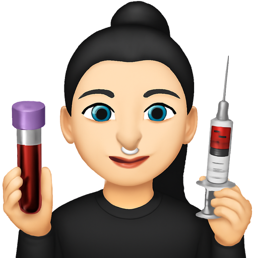 Phlebotomist with a thin septum nose ring, holding a purple top vial of blood and a syringe, with nose ring, black sweatshirt,black hair, top ponytail, white skin, arched eyebrows, light blue eyes