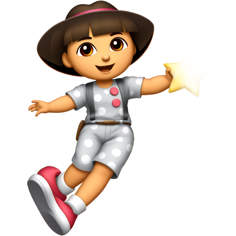 "Goofy Dora in oversized clown shoes, chasing twinkling, giggling stars wearing tiny hats, as she cartwheels through a rainbow-striped crop field with dancing corn. Her outfit? A polka-dotted jumpsuit and a comically large sunhat, while butterflies wear sunglasses and join the silly chase!"