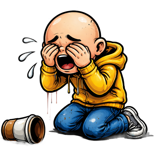 A bald guy kneeling on the ground, crying. There is a spilled cup of take-away coffee on the ground in-front of him.