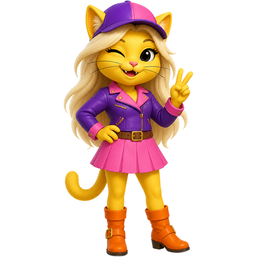 Species: A yellow cat with pointed ears, long whiskers, a single visible fang, and a long tail.Hair: Long, flowing blonde hair with white highlights.Outfit: A purple jacket with a pink collar, a pleated pink skirt with a brown belt, and orange boots with gold buckles.Accessories: A purple and pink cap matching her jacket and skirt.