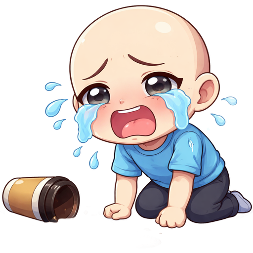 A bald guy kneeling on the ground, crying. There is a spilled cup of take-away coffee and a puddle of coffee on the ground in-front of him