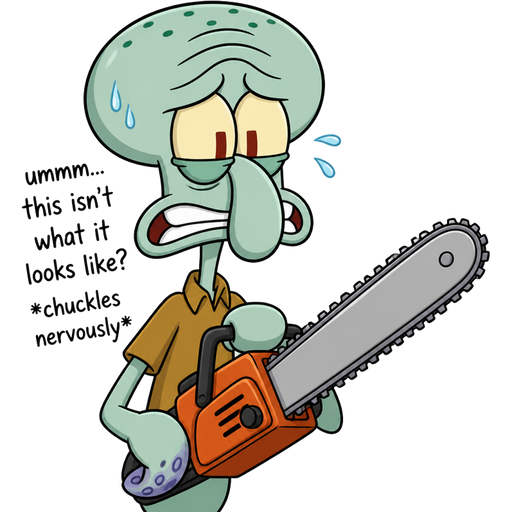 squidward tentacles nervously holding a chainsaw umm this isn't what it looks like? *chuckles nervously*