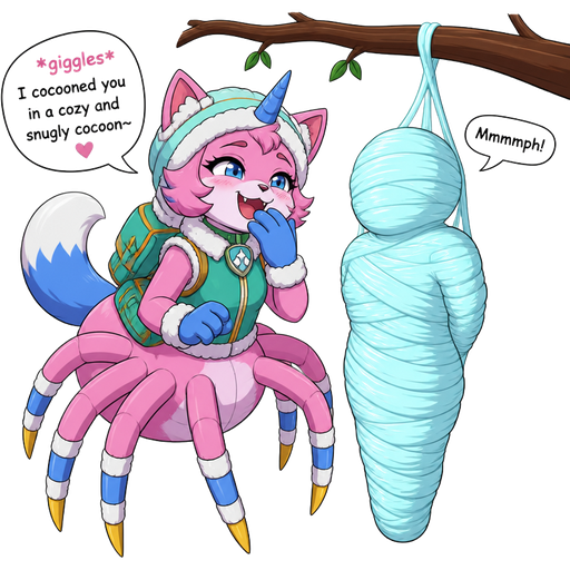 happy anthro femboy pink cat drider with blue and white tail white wrists blue hands white ankles yellow tips on spider legs green collar blue unicorn horn wearing everest's hat clothing with backpack *giggles* I cocooned you in a cozy and snugly cocoon next to wrapped up and mummified fully covered in a #B8FFFF spider slik cocoon shaped like boy arms behind back with #B8FFFF spider slik wrappings completely covered with thick layers non-transparent #B8FFFF spider slik wrappings Mmmmph! hanged to the branch