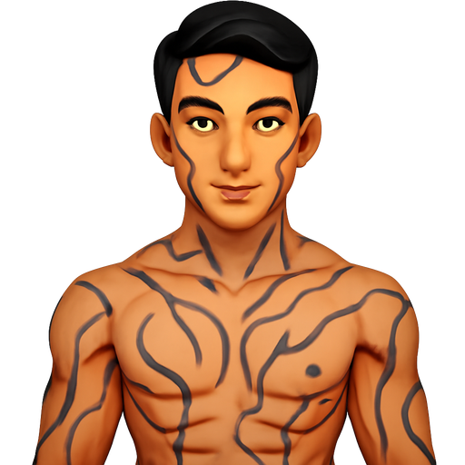 Good body diamond shape face Hot guy Guy Black hair tall glowing almond shape orange yellow eyes weird dark purple lines all over body