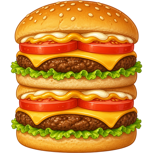 ghibli style | 2 cheeseburger halves vertically stacked | cheeseburger has mayo + mustard + tomato + cheese + lettuce + patty | pov: close-up + front center + eye-level