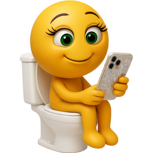 emoji with eyelashes, color of eyelashes, black eye color green. An emoji face smiling, ššsitting on the toilet. emojiās mouth š put these words inside the cloud, why girls in the bathroom so long have legs, arms, two hands, and neck and head, and is holding an iPhone 16 Pro Max that has a sparkling case with flowers with diamonds
