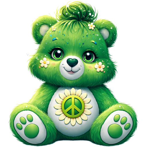 Self Care Bear with Dark Green and Light Green Ombré Pattern Fur and with a Dark Green Heart Nose with Dark Green Furry Cheeks with a Messy Bun Hairstyle with white spots and Sparkles on the head and various lines arranged into circles it and laying near the eyes with a Peace sign and heart in the pupils of the eyes with spots in the shape of 6 petals of a flower on each side of the cheeks with a light and dark green peace sign on a Sunflower with golden yellow outlines and and white petals with a green outline on the stomach with white paws and feet