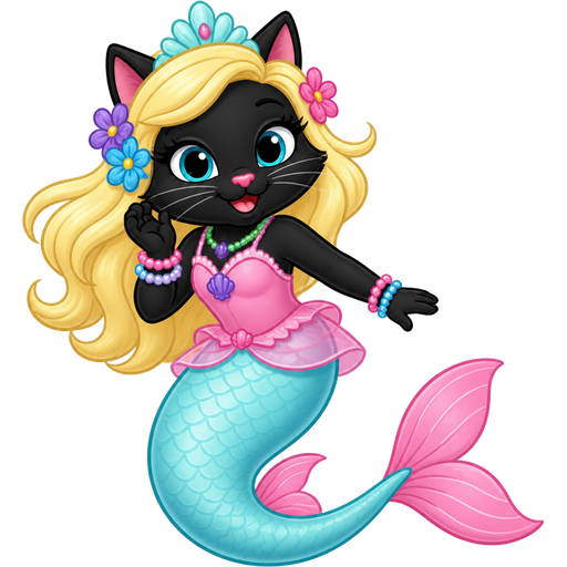 black cat with light yellow hair purple and blue flowers light cyan crown purple and green necklace pink and blue bracelets pink dress attached to long light cyan mermaid tail with pink fins based on ariel