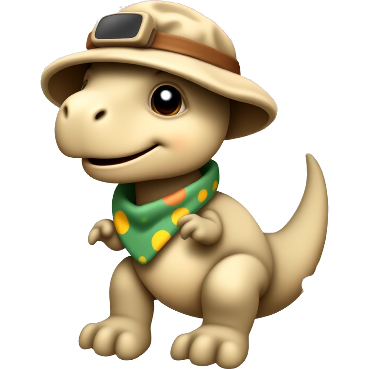 "Adorable Baby Dino" wearing a tiny explorer hat, sporting a colorful bandana around its neck, frolicking in a vibrant jungle filled with oversized flowers and playful butterflies, its tiny tail wagging with joy as it discovers shiny pebbles and friendly critters.