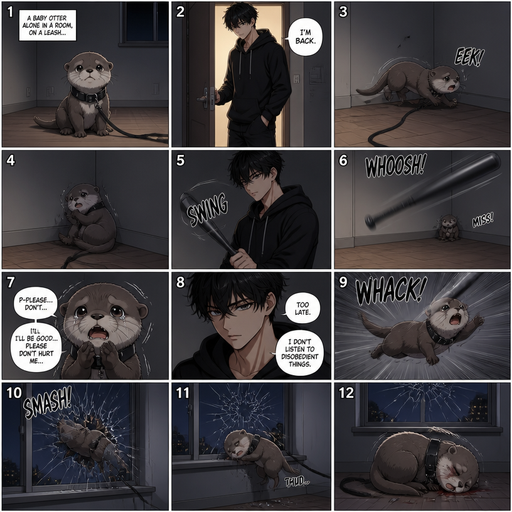 A comic book Picture by picture and shows every action of a A baby otter in a room alone on a leash and his male Cute and Handsome wearing a Black Hoodie and Shorts owner the owner opens the door and the otter runs into a corner scared. Then a bat is flung and he misses The otter flinches and begs not to but he doesn’t listen and the otter flys and hits the window and lays there