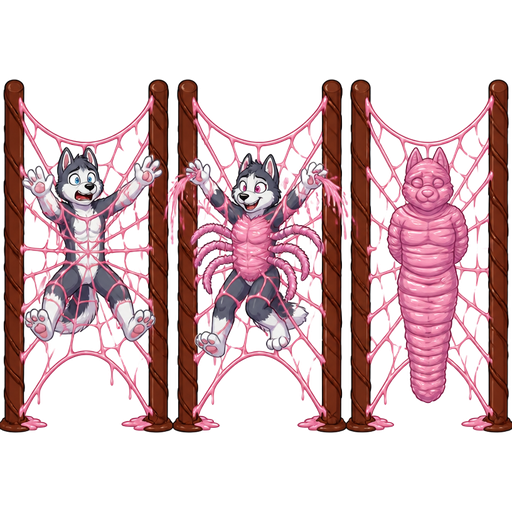 1 anthro husky furry stuck giant spider web made of pink bubblegum between two chocolate poles 2 cotton candy spider hybrid spray spider slik slime all anthro husky furry stuck giant spider web made of pink bubblegum between two chocolate poles 3 pink bubblegum mummy-like-cocoon anthro husky furry entombed wrapped up and mummified fully covered in a pink bubblegum cocoon shaped like anthro husky furry with arms behind back with pink bubblegum wrappings completely covered with thick layers non-transparent pink bubblegum wrappings pink on a giant spider web made of pink bubblegum between two chocolate poles