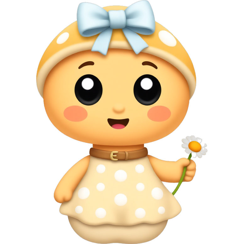 Adorable kawaii orange mushroom with big sparkly eyes, blushy cheeks, and a tiny bow on top. It wears a pastel-colored polka-dot dress and holds a tiny flower in one hand, radiating cheerful vibes with little heart and star sparkles around it. Perfect for spreading cuteness! 🍄✨💖
