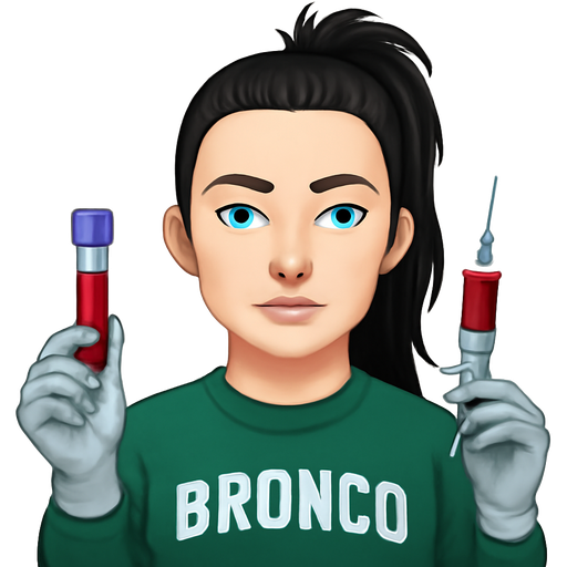 A woman with white skin, a septum ring, long black hair pulled straight back into a messy folded over top ponytail, thin high arched eyebrows, pale blue eyes, wearing a green ford bronco sweatshirt, wearing light grey latex gloves, holding a purple top tube of blood and a syringe half full of blood