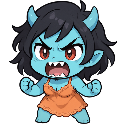 Oblique angle cute lady monster with light blue skin in a short lacy orange nightgown growling and being fierce