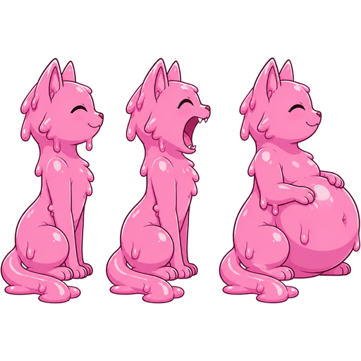 pink slime cat furry side view next to pink slime cat open mouth furry side view next to pink slime cat with full belly furry side view