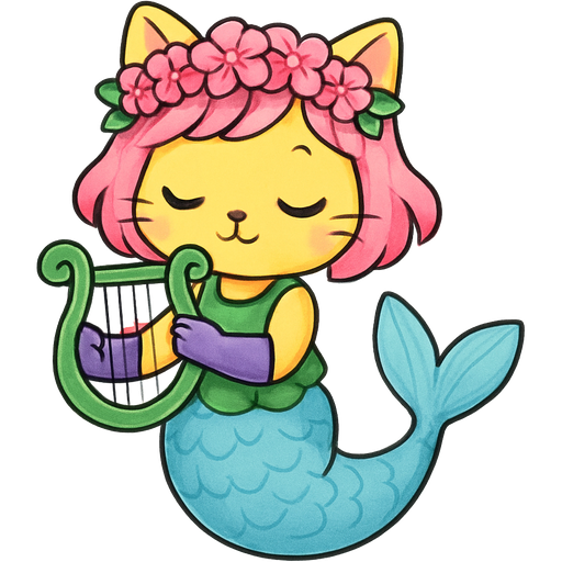 yellow cat with pink hair flower crown with green dress attached to light blue mermaid tail with purple gloves holding a green harp artistic creation, beautiful art