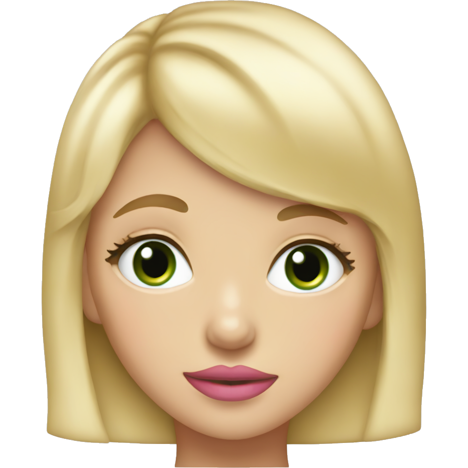 Blonde girl with front bangs, slightly curvy hair, green big eyes, big pink lips, pink blush, not smiling