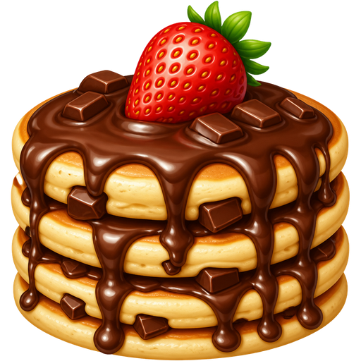 Gigantic pancake smooth and soft with massive sweet chunks of chocolate dripping down the pancake with a big juicy strawberry laying on top