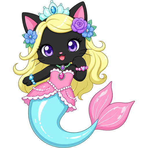 black cat with light yellow hair purple and blue flowers light cyan crown purple and green necklace pink and blue bracelets pink dress attached to long light cyan mermaid tail with white highlights with pink tail fins with white highlights ( based on Garnet (Jewelpet)