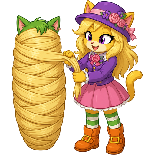 1 green boy cat furry getting wrapped up by furry yellow cat anthro with purple eyes blonde hair purple and pink florist hat and purple florist outfit green and white socks orange boots with buckles pink skirt with blonde hair 2 blonde hair cocoon shaped like green boy cat furry completely covered with blonde hair cocoon like mummy next to furry yellow cat anthro with purple eyes blonde hair purple and pink florist hat and purple florist outfit green and white socks orange boots with buckles pink skirt