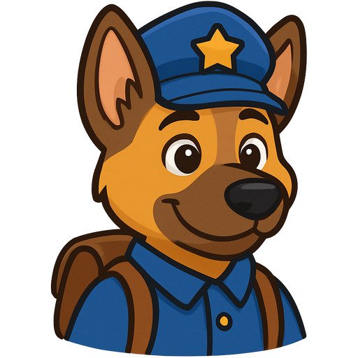 a police dog wearing clothes and a bag on his back that is attached to the clothes and a cap that is blue with a gold star like a police cap
