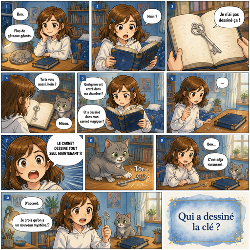 đ INĂS ET LE CARNET MAGIQUE Ăpisode 5 : Le dessin qui nâĂ©tait pas Ă elle Style : bande dessinĂ©e couleur jeunesse, style BD franco-belge moderne mĂ©langĂ© Ă un manhwa doux, expressions trĂšs expressives, ambiance chaleureuse avec une petite touche de mystĂšre. Personnage principal (obligatoire et identique dans toutes les cases et tous les Ă©pisodes) : InĂšs, jeune fille de 12 ans, cheveux longs bruns lĂ©gĂšrement ondulĂ©s arrivant sous les Ă©paules, avec une barrette bleue sur le cĂŽtĂ© droit de la tĂȘte. Grands yeux marron trĂšs expressifs, visage rond et sympathique. Elle porte toujours un sweat blanc, un jean bleu et des baskets blanches. Elle est curieuse, bavarde, drĂŽle et rĂ©agit beaucoup Ă ce qui lui arrive. Elle doit rester strictement identique dans toutes les cases. Personnage secondaire (obligatoire et identique dans toutes les cases et tous les Ă©pisodes) : un petit chat gris clair, lĂ©gĂšrement rond et dodu, avec un pelage doux, des yeux verts, de petites oreilles triangulaires et une expression malicieuse. Il doit rester strictement identique dans toutes les cases. Lieu principal : la chambre dâInĂšs, avec murs bleu clair, bureau en bois, bibliothĂšque remplie de livres, lit avec couverture bleu marine et fenĂȘtre. Objet important : un vieux carnet magique Ă couverture bleu foncĂ© avec coins dorĂ©s usĂ©s. Important : tous les textes, bulles et onomatopĂ©es doivent ĂȘtre en français parfaitement lisible. âž» đŠ Case 1 Le soir. InĂšs est Ă son bureau. Le gigantesque gĂąteau a disparu (mangĂ©, partagĂ© ou rangĂ© depuis plusieurs jours). Le chat dort Ă cĂŽtĂ© du carnet. Bulle dâInĂšs : « Bon. » Bulle dâInĂšs : « Plus de gĂąteaux gĂ©ants. » âž» đŠ Case 2 InĂšs ouvre le carnet pour dessiner. Elle sâarrĂȘte brusquement. Bulle dâInĂšs : « Hein ? » âž» đŠ Case 3 Sur une page vide, il y a un dessin. Un dessin quâelle nâa jamais fait. On voit une petite clĂ© argentĂ©e. Bulle dâInĂšs : « Je nâai pas dessinĂ© ça ! » âž» đŠ Case 4 Le chat gris clair ouvre immĂ©diatement les yeux. Il fixe la page. Bulle dâInĂšs : « Tu la vois aussi, hein ? » Petite bulle du chat : « Miaou. » âž» đŠ Case 5 InĂšs examine le dessin sous tous les angles. Bulle dâInĂšs : « Quelquâun est entrĂ© dans ma chambre ? » Bulle dâInĂšs : « Et a dessinĂ© dans mon carnet magique ? » âž» đŠ Case 6 Le lendemain matin. InĂšs arrive Ă son bureau. La clĂ© argentĂ©e est posĂ©e Ă cĂŽtĂ© du carnet. RĂ©elle. Brillante. Bulle dâInĂšs : « ⊠» âž» đŠ Case 7 Gros plan sur InĂšs. Grande bulle dâInĂšs : « LE CARNET DESSINE TOUT SEUL MAINTENANT ?! » âž» đŠ Case 8 Le chat saute sur le bureau et touche la clĂ© avec sa patte. Effet sonore : « Toc » âž» đŠ Case 9 Rien de dangereux ne se produit. La clĂ© semble normale. Bulle dâInĂšs : « Bon⊠» Bulle dâInĂšs : « Câest dĂ©jĂ rassurant. » âž» đŠ Case 10 InĂšs prend la clĂ© dans sa main. Le chat la regarde. Bulle dâInĂšs : « Dâaccord. » Bulle dâInĂšs : « Je crois quâon a un nouveau mystĂšre. » EncadrĂ© de fin : « Qui a dessinĂ© la clĂ© ? »