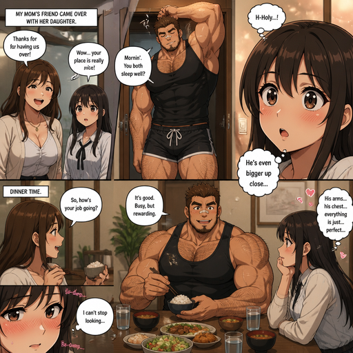 A ANIME LIFELIKE Comic Book Story of a Bulky but Muscular ANIME Cute Bara Man With Peach toned skin Who looks Normal and a huge and Masculine round facial Structure and Basic facial structure With Puffy and Big Pecs that are visible through the shirt and Biceps and Bandaid on his nose and Brown Spiky hair and His Hair Curls At the tip of strands. Wearing a Black Tank top and Short shorts with and has a Hairy body and looks very manly like a Dad but isn‘t one. and Attractive and Hot. His Mom‘s friend comes over and Brings her daughter, And the Mom‘s friend‘s daughter sees him walk out of his room looking big and Bulky with the Perfect Physique and Stretches and scratch his back looking SO irresistible and they eat dinner and she can’t stop looking at her