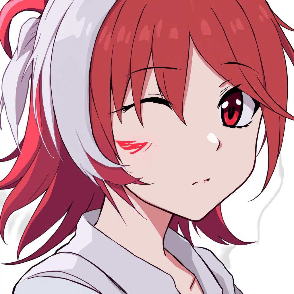 anime art of 15 year old girl with one side of hair red and one side white with red patch around eye on a white background