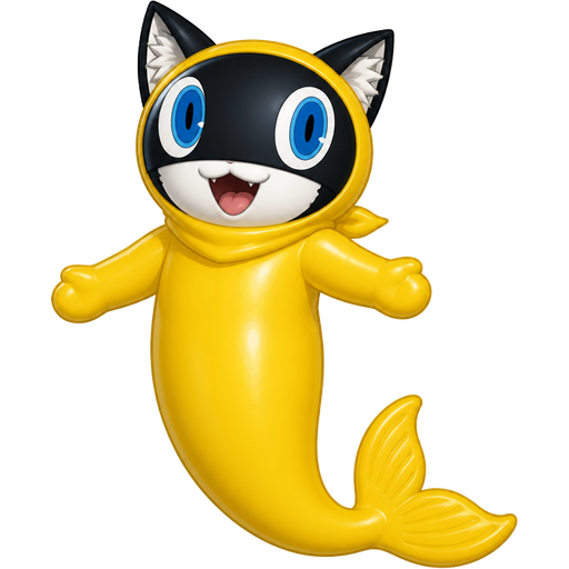 morgana anthropomorphic cat Persona 5 whole head body arms and legs fully covered encased inside a non-transparent rubber pooltoy long yellow mermaid tail