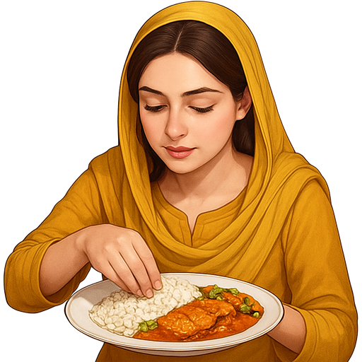 Fair skinned pretty Girl in shalwar kameez with dupatta looking at plate while eating rice with vegetables and fish curry with her hand