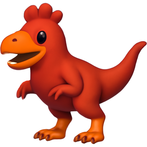 A red chicken mixed with a T-Rex and a T-Rex tail now replace the chickens legs with a red dinosaur‘s legs now make the beak into the dinosaurs orange mouth and get the hands coming out of the wings