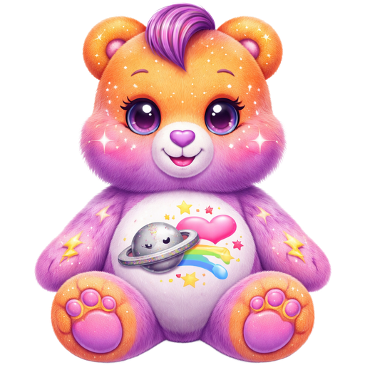 Starlight Love Care Bear with Gradient Pink and Purple Ombré Blended Pattern Fur and Orange Ears, Paws, Feet and The Upper-Half of the Face is also Orange with Shooting Stars and Lightning Strikes on the The Paws, Upper Face, Ears and Feet with a Smiling Sliver Saturn with the Ring being Half Silver and Pink Next to a Rainbow Shooting Pink Heart with Yellow, Pink, and Blue Stars Surrounding it on the Stomach with White Twinkles in the pupils of the eyes and Purple and Pink striped Tufts of hair and a Purple Heart Nose