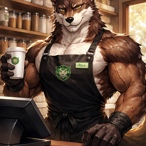 A Tral Anime Full Body and Face Image of a Muscular and. VERY Masculine Bara Furry Dog with a wrestler type body that is a Barista. at the Cash Register