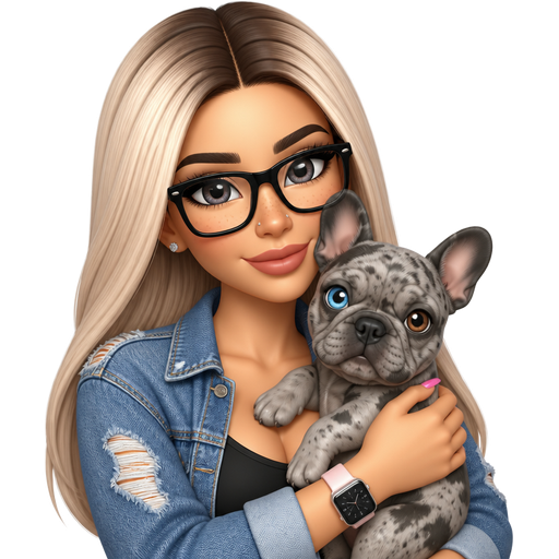 35 year old baddie wearing tiny earrings with thin face with long icy ash blonde hair parted in the middle with dark brown hair gray colored almond shaped eyes with dark black glasses wearing a blue distressed denim jacket black top and nose stud and freckles across the nose and pink nails light skin and pink apple watch holding gray merle french bulldog with one blue eye and one brown eye