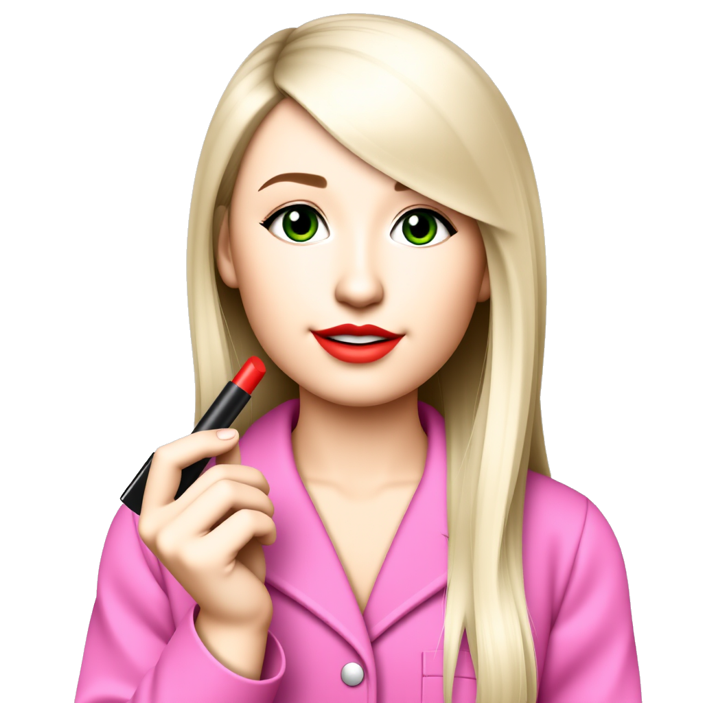 a girl with blonde hair and green eyes and red lips iphone emoji and pijama pink full 18 years applies lipstick