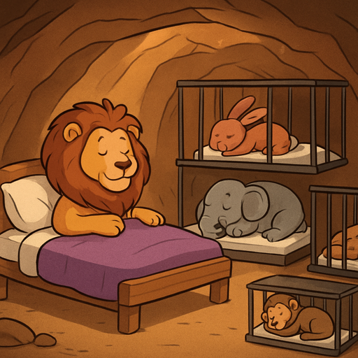 Inside the cave the lion have a bed and the animals rest in their cages ti have a bed the end cartoon version