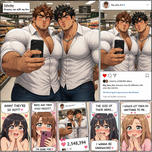 A REALISTIC AND LIFELIKE Comic Book long Story of a Bulky but Muscular ANIME Cute Bara Man With Peach toned skin Who looks Normal and a huge and Masculine round facial Structure and Basic facial structure With Puffy and Big Pecs that are visible through the shirt and Biceps and Bandaid on his nose and Brown Spiky hair and His Hair Curls At the tip of strands. Wearing a white button up shirt tight on the arms and Chest but baggy on the abs so you can’t see them AND Jeans and has a Hairy body. And has huge Hands and Massive arms and looks HOT with his friend (that looks like him but Black instead of brown hair and Has A Chain on and is also Peachy skin). at the grocery store making kissy faces and taking a picture and posting it and Get millions hearts with girls
