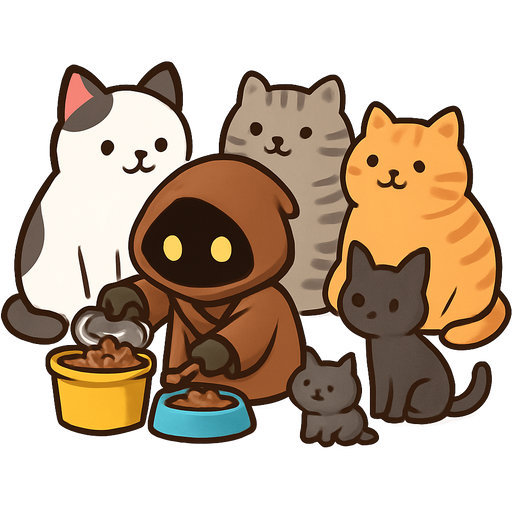 A cute Jawa scooping cat food from a yellow bucket into a pet food bowl. He is surrounded by a large white and black cat, a fat gray tabby cat, a fat orange cat, a skinny black cat, and a small solid dark gray cat