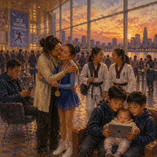 give me a mom hugging her daughter because she won the ice-skating competition and two of the daughters came back from taekwondo class and the dad is watching his phone and the two sons are holding the baby while watching their iPad with a sunset city view and they’re in the building with other people around them