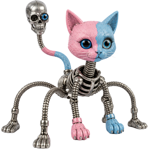 toy pink and blue cat head one blue doll eye are on right toy pink and blue cat paws skeleton like body made of sliver flexible hoses toy pink and blue cat tail with sliver human skull head with blue doll eye on left eye socket attached to sliver flexible hose 3 spider like legs made of sliver flexible hoses with attached 2 endoskeleton feet 1 toy pink and blue cat foot toy