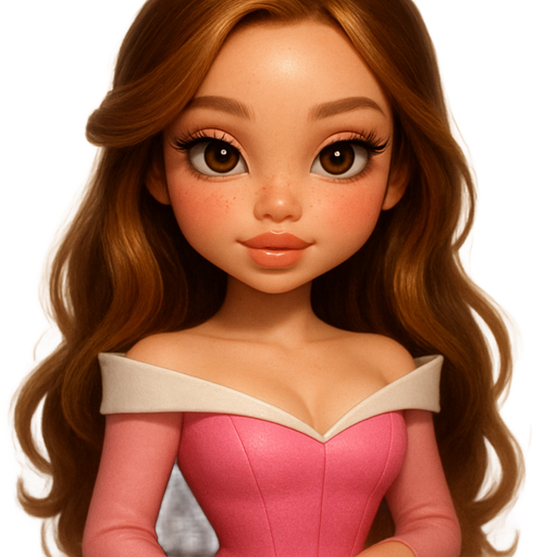 sleek cartoon luxury glam, mini plush Bratz-doll aesthetic, cinematic glow, crisp clean detail, glossy glam skin. brown eyed skinny Petite girl, fair skin with soft freckles, wide face with tall forehead, honey-brown almond wide-set upturned eyes, fluttery lashes, shimmer highlight, plush lips, bottom heavy lip, sweet Belle-princess vibe, medium-long brunette hair with visible caramel highlights. softly defined feminine body, soft hourglass shape with full round bust, dressed as Aurora from Sleeping Beauty, hair styled like her. sleek baby pink almond nails. peachy-pink blush with shimmer highlight, glossy lips. Cozy romantic glow, soft warm lighting, pop-princess energy
