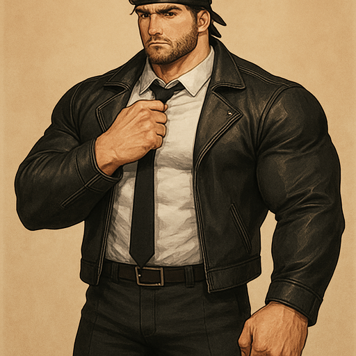 A full body view of A Huge Buff male with Humongous Biceps and Pecs. In a School Uniform and Black Pants with A Leather Jacket on top and a Black Tie and Black Bandana around his head Bandana around his head With Brown Hair and Hazel Eyes Stubbled Beard and Some Chest Hair. grabbing his neck through his shirt