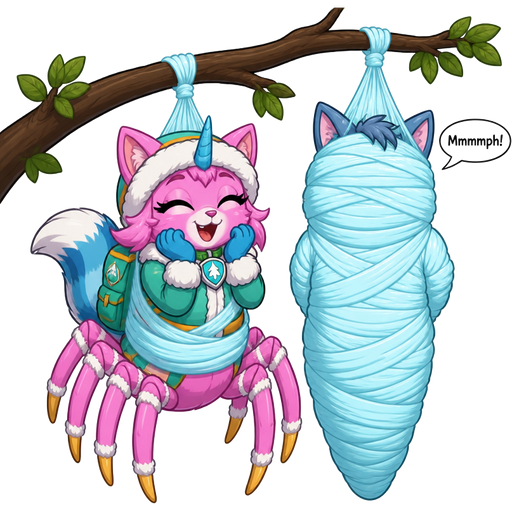 happy anthro girl pink cat drider with blue and white tail white wrists blue hands white ankles yellow tips on spider legs green collar blue unicorn horn wearing everest's hat clothing with backpack I wrapped you in a cozy and snugly cocoon next to wrapped up and mummified fully covered in a #B8FFFF spider slik cocoon shaped like furry cat boy kid anthro arms behind back with #B8FFFF spider slik wrappings completely covered with thick layers non-transparent #B8FFFF spider slik wrappings Mmmmph! hanged to the branch